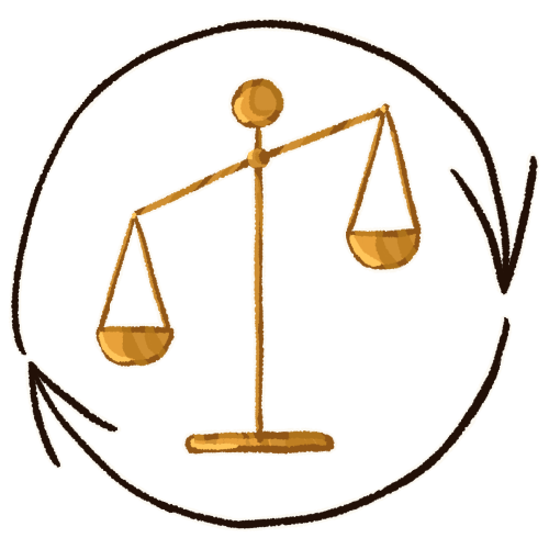 a drawing of a golden scale, which is unequal. there are two arrows around it going in a circular motion. everything is outlined in white